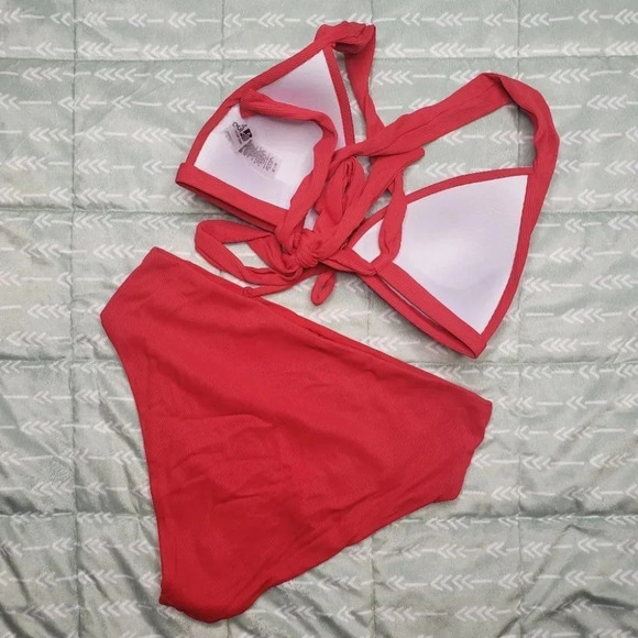 Quintsoul NWOT Ribbed Red Busty Halter Bikini Highrise  Bottoms Size Small - Picture 8 of 13